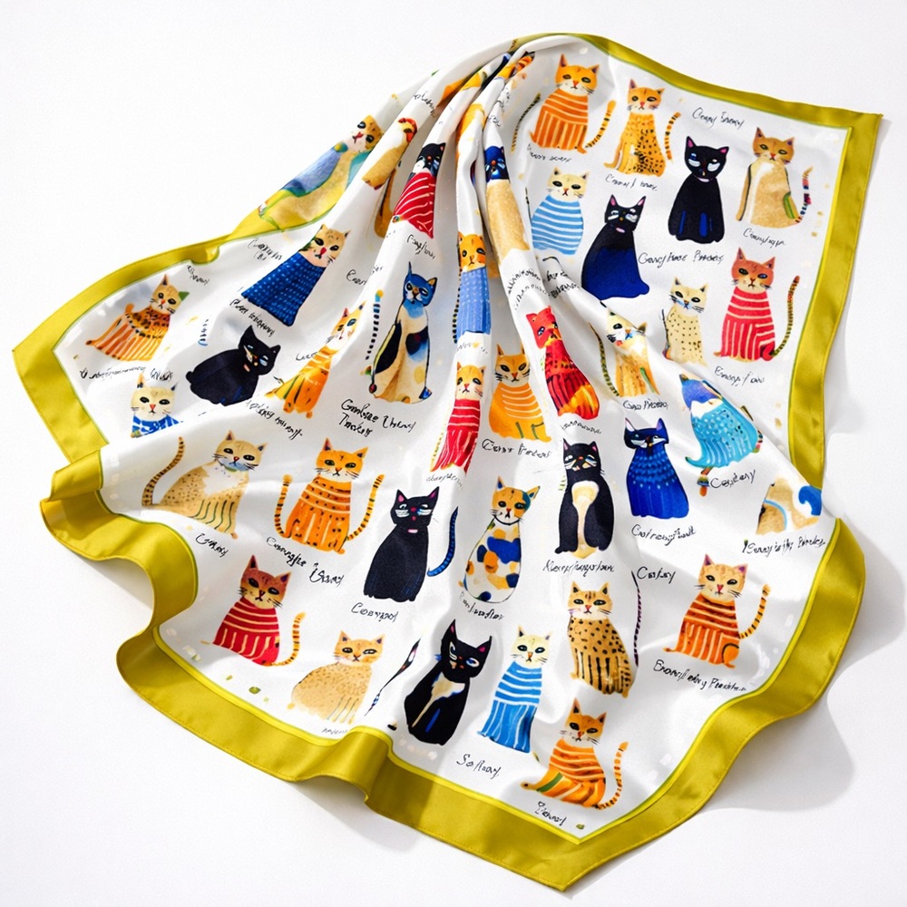 Parisian Cat Print Silk-Feel White Square Scarf, 27.5 Inches | New With Tags